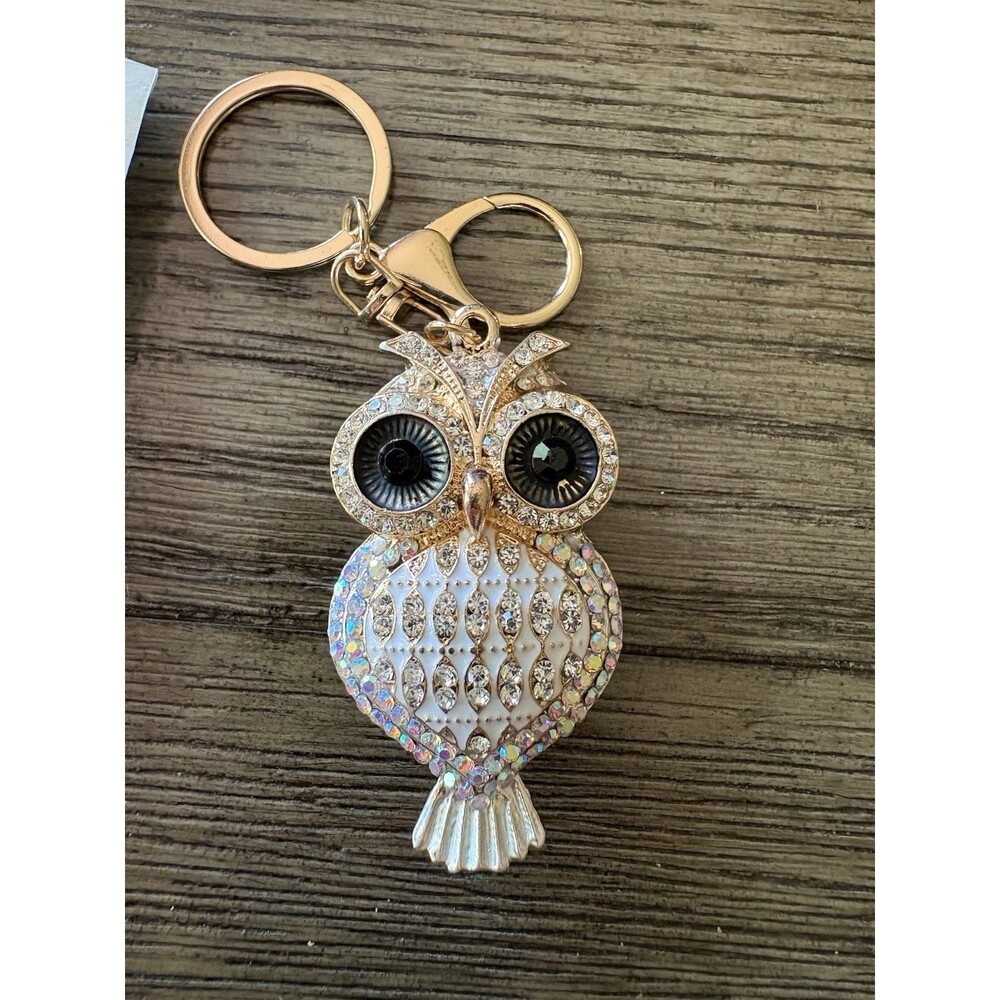 Owl White Gem Key Chain Bag Charm Purse Charm New In Package Gold Tone - Picture 1 of 2